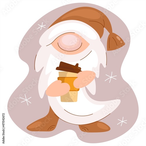 Cute Christmas gnome with a plastic cup of coffee. Funny character loves tea and coffee. Isolated vector design of a gnome with a long beard. Cartoon flat style for postcards, web, coffee advertising