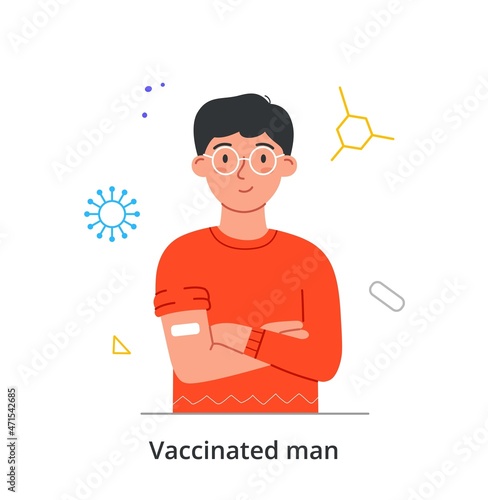 Vaccinated person concept. Smiling man in glasses with patch on his shoulder. Prevention of infectious diseases. Male character protects his health. Cartoon contemporary flat vector illustration