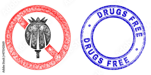 Hatched irregular mesh stop opium poppy icon, and Drugs Free grunge round stamp seal. Abstract lines form stop opium poppy picture. Blue stamp includes Drugs Free tag inside round form.