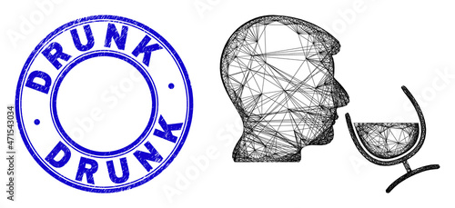 Network irregular mesh wine sommelier icon, and Drunk scratched round stamp seal. Abstract lines form wine sommelier picture. Blue seal includes Drunk title inside round form.