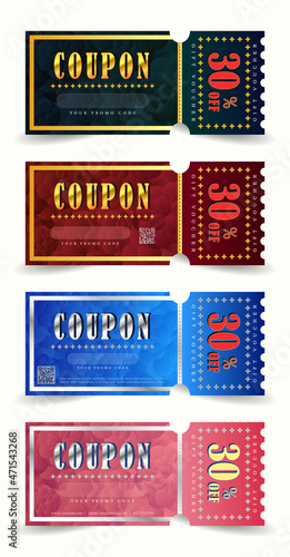 Set of template gift cards. Isolated luxury vector discount vouchers with promo code and offer up to 30 percent off. Coupons with text sale promotion for business, online shopping, marketing.