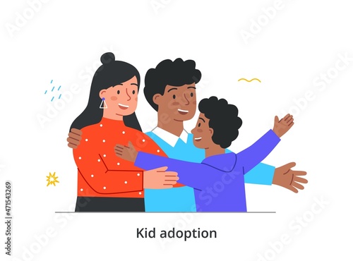 Kid adoption concept. Multinational couple picks up boy from orphanage. Foster parents hug their adopted son. Happy mother and father with smiling child. Cartoon modern flat vector illustration