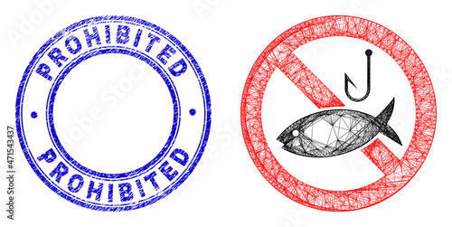 Network irregular mesh restricted fishing icon, and Prohibited textured round stamp. Abstract lines form restricted fishing illustration. Blue stamp seal has Prohibited tag inside circle shape.
