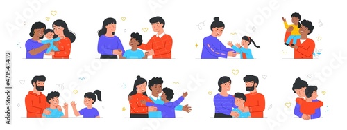 Scene of kid adoption. Multinational foster families love and take care of adopted children. Happy couples with adopted son or daughter. Cartoon flat vector collection isolated on white background