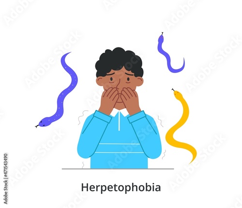 Phobias and fears concept. Herpetophobia. Frightened male character covers face with his hands and afraid of snakes. Young man surrounded by venomous reptiles. Cartoon flat vector illustration