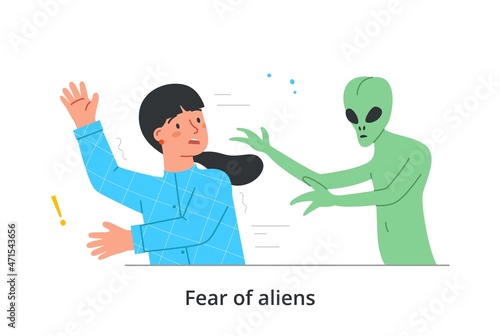 Phobias and fears concept. Young woman afraid of aliens. Frightened female character runs away from creature of unearthly origin. Psychological or mental disorder. Cartoon flat vector illustration