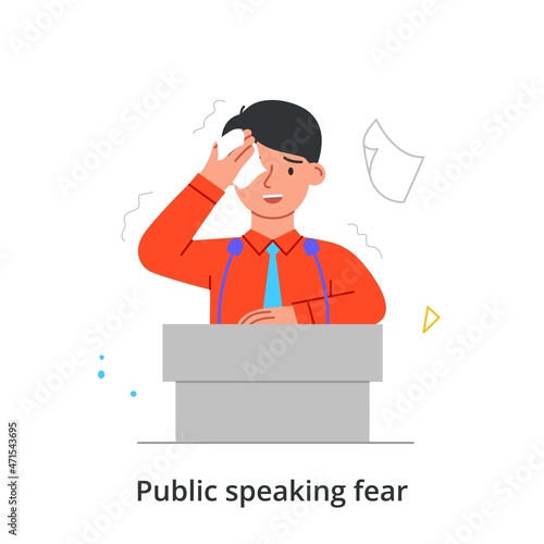 Phobias and fears concept. Public speaking fear. Young man stands behind podium and speaks to large audience. Male character worried and sweating. Wipe sweat. Cartoon flat vector illustration