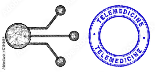 Network irregular mesh sensor links icon with Telemedicine scratched round stamp. Abstract lines are combined into sensor links picture. Blue stamp seal contains Telemedicine text inside round shape.