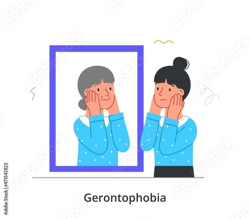 Phobias and fears concept. Gerontophobia. Young woman stands in front of mirror and looks at her aging reflection. Female character afraid of getting old. Flabby skin. Cartoon flat vector illustration
