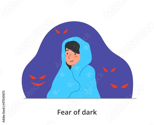 Phobias and fears concept. Frightened girl afraid of dark. Female character hiding under blanket. Woman surrounded by sinister eyes. Psychological or mental disorder. Cartoon flat vector illustration