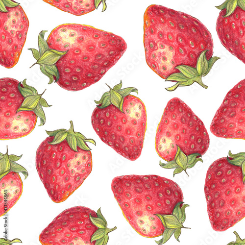 Strawberry berry seamless pattern. Hand drawn illustration. Design for vintage packaging. Color sketch. Colored pencil drawing.