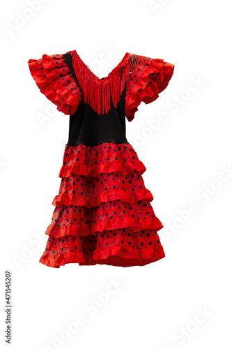 Traje de flamenca rojo, tamaño niña, aislado en blanco