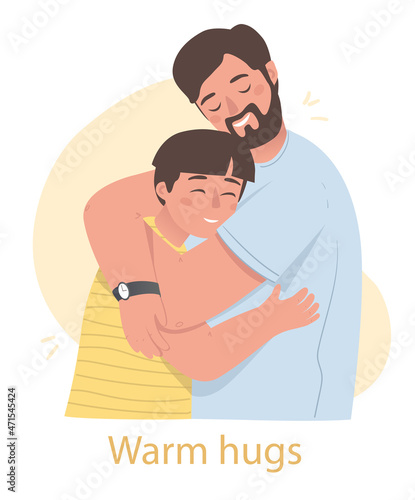 Warm hugs with kid. Happy little boy embracing his dad. Fatherhood and love for children. Male bearded character shows tenderness and care for his son. Cartoon modern flat vector illustration