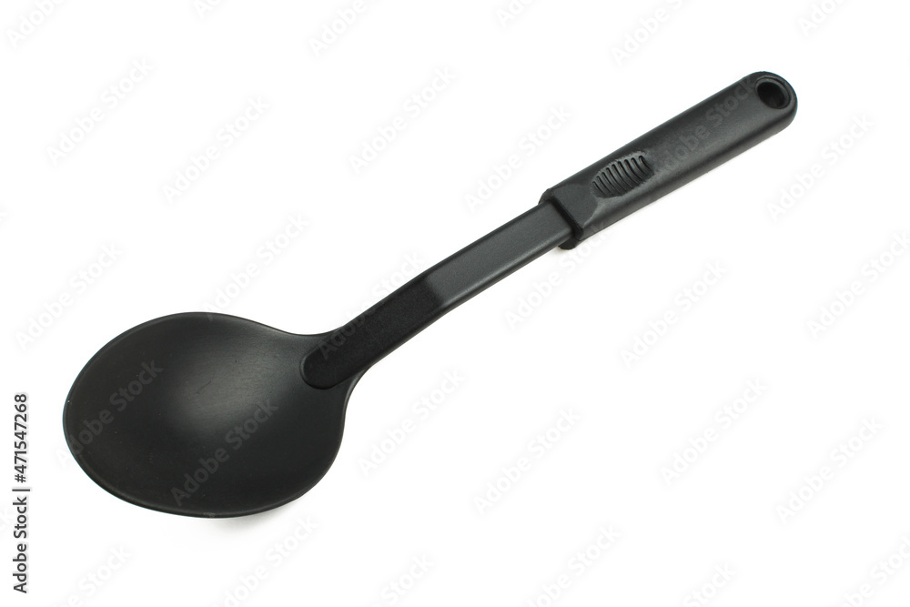 Black plastic scoop isolated on white background. Big spoon,kitchen utensil Black plastic scoop isolated on white background. Big spoon,kitchen utensil