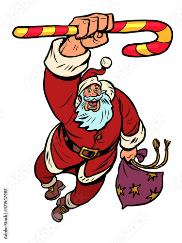 santa claus with sweet christmas candy cane, new year gifts