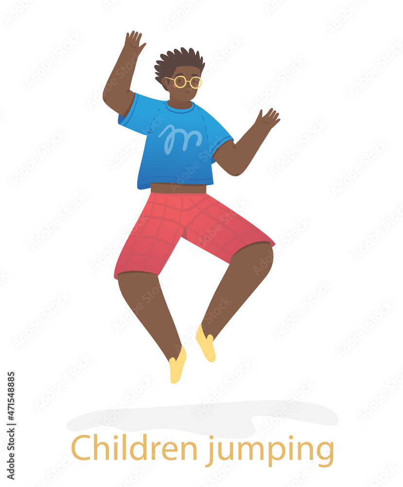 Fototapeta premium Cheerful child jumps. Little boy in yellow glasses having fun and rejoicing. Happy character with his hands up. Schoolboy or teenager. Cartoon flat vector illustration isolated on white background