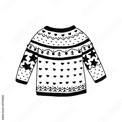 Vector knitted sweater isolated on white background. Doodle ugly sweater.