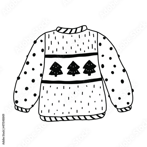 Vector knitted sweater isolated on white background. Doodle ugly sweater with fir trees.