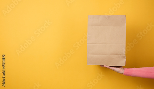 woman holding in hand brown blank craft paper bag for takeaway on yellow background. Packaging template mock up. Delivery service concept