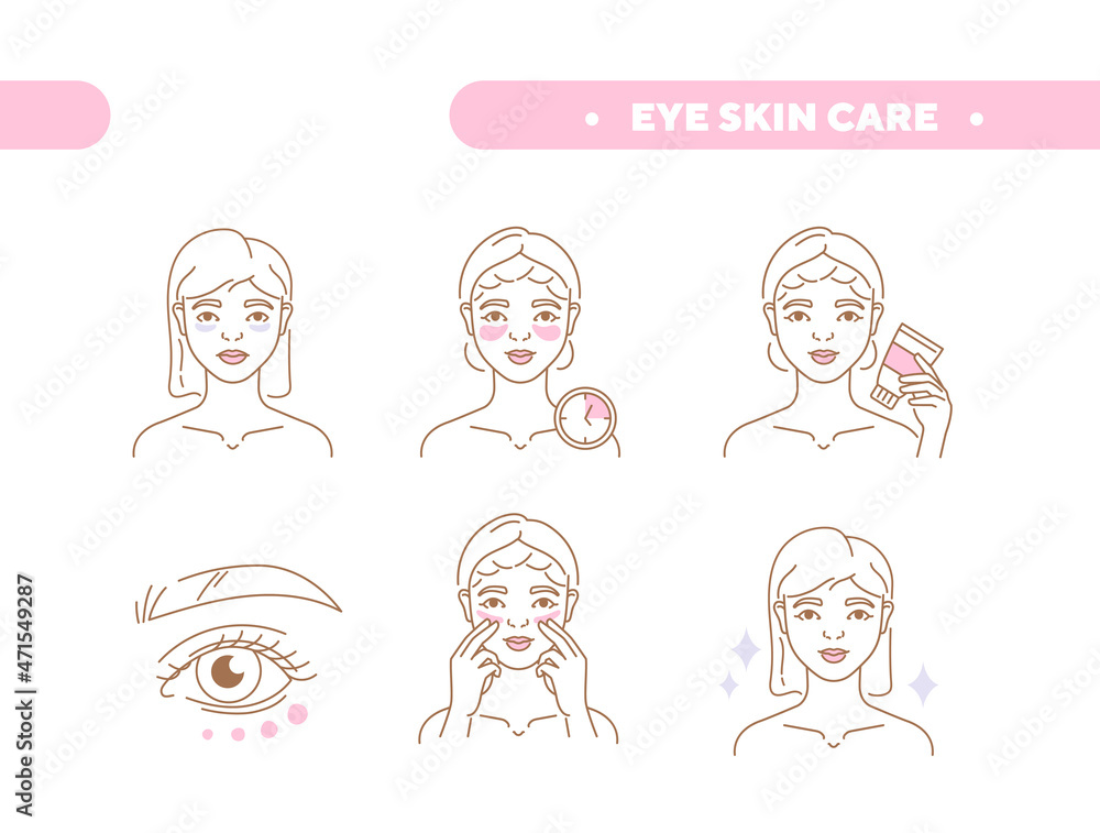 Eye Skin care concept. Cute girl gets rid of dark circles under her eyes with special cream. Daily beauty routine. Moisturizing and rejuvenation. Cartoon contemporary flat vector illustration Eye Skin care concept. Cute girl gets rid of dark circles under her eyes with special cream. Daily beauty routine. Moisturizing and rejuvenation. Cartoon contemporary flat vector illustration