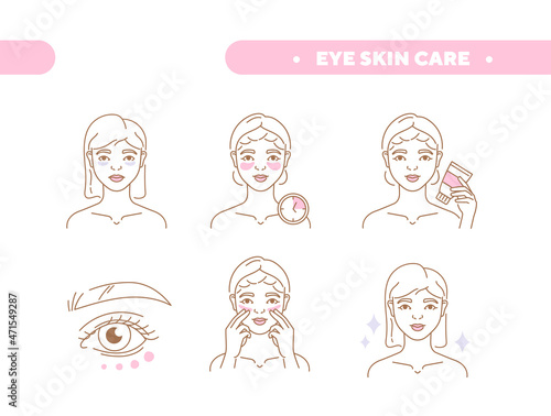 Eye Skin care concept. Cute girl gets rid of dark circles under her eyes with special cream. Daily beauty routine. Moisturizing and rejuvenation. Cartoon contemporary flat vector illustration