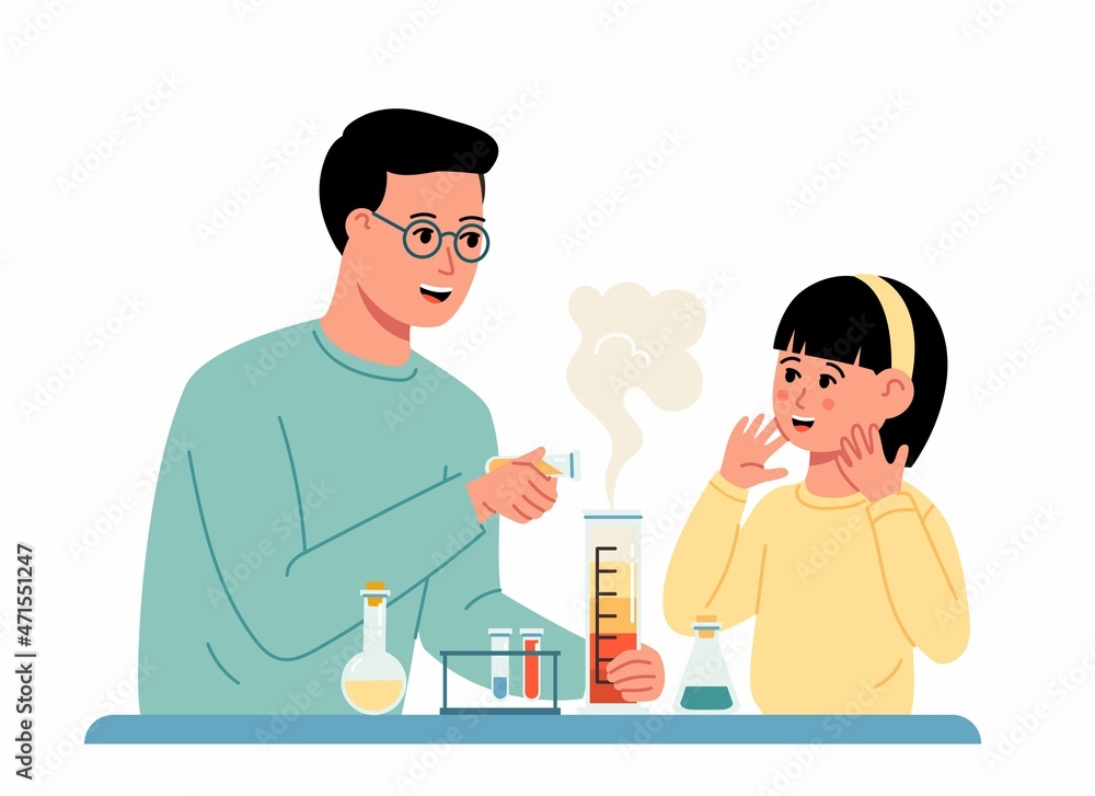 Cartoon father and daughter doing chemistry experiment in laboratory glassware at home. Chemistry lesson for children. Master class for child. Home laboratory. Vector trendy illustration Cartoon father and daughter doing chemistry experiment in laboratory glassware at home. Chemistry lesson for children. Master class for child. Home laboratory. Vector trendy illustration