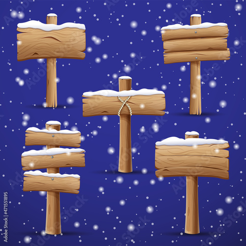 cartoon snowy wooden signpost, guidepost in snow caps. game assets of variety snowy timber boards and road signs with place for text. vector clipart. Rustic Signposts and billboards for Winter Design.