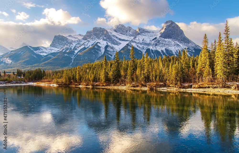Long Exposure View Of Canmore Mountains And River