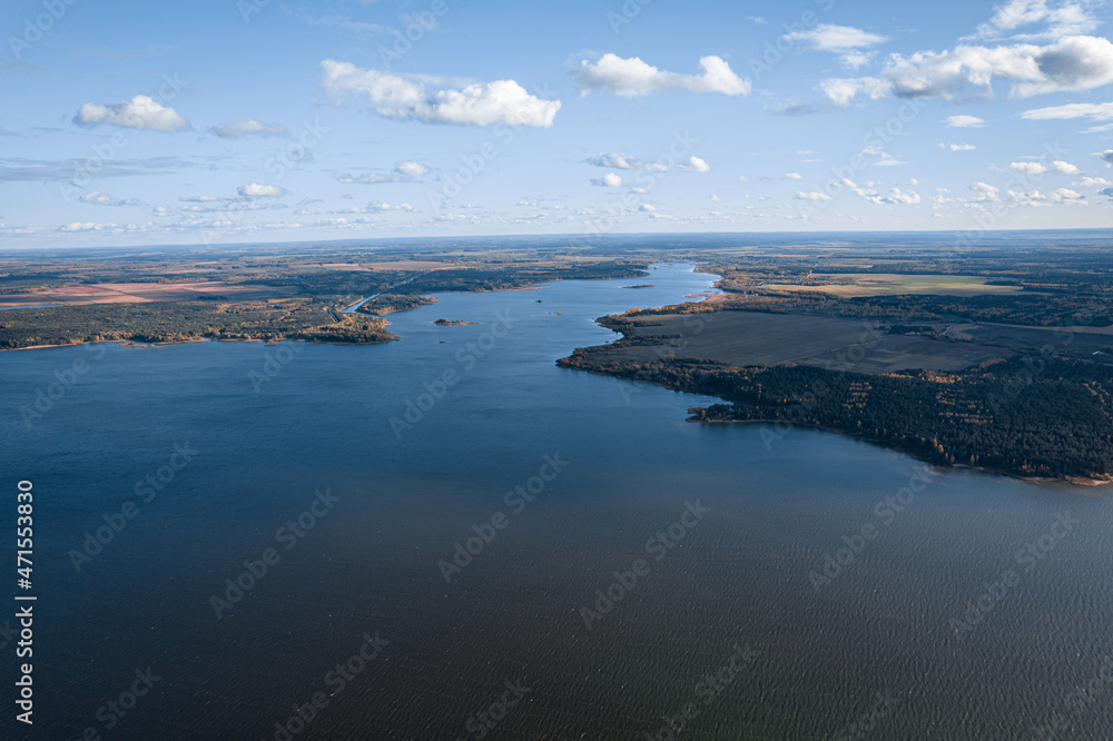 Vileika reservoir in autumn from a height. Vilejskaje, Belarus