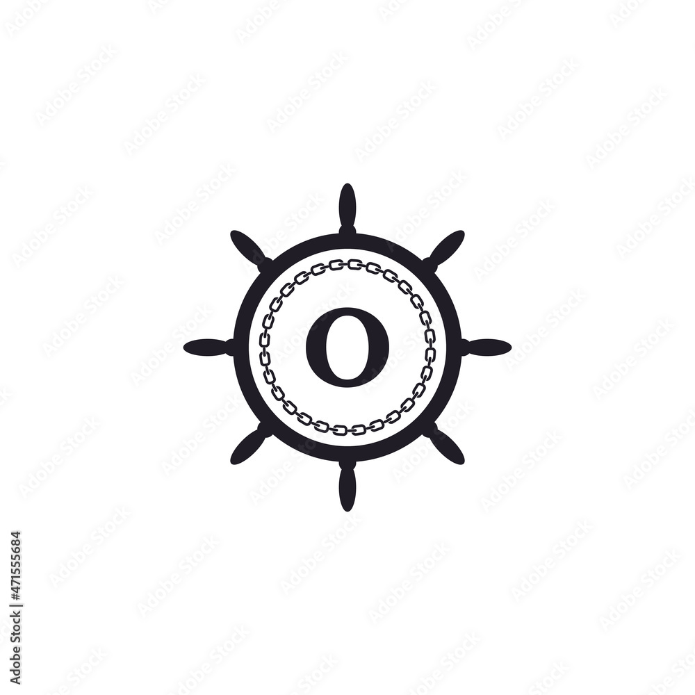 Letter O Inside Ship Steering Wheel and Circular Chain Icon for Nautical Logo Inspiration