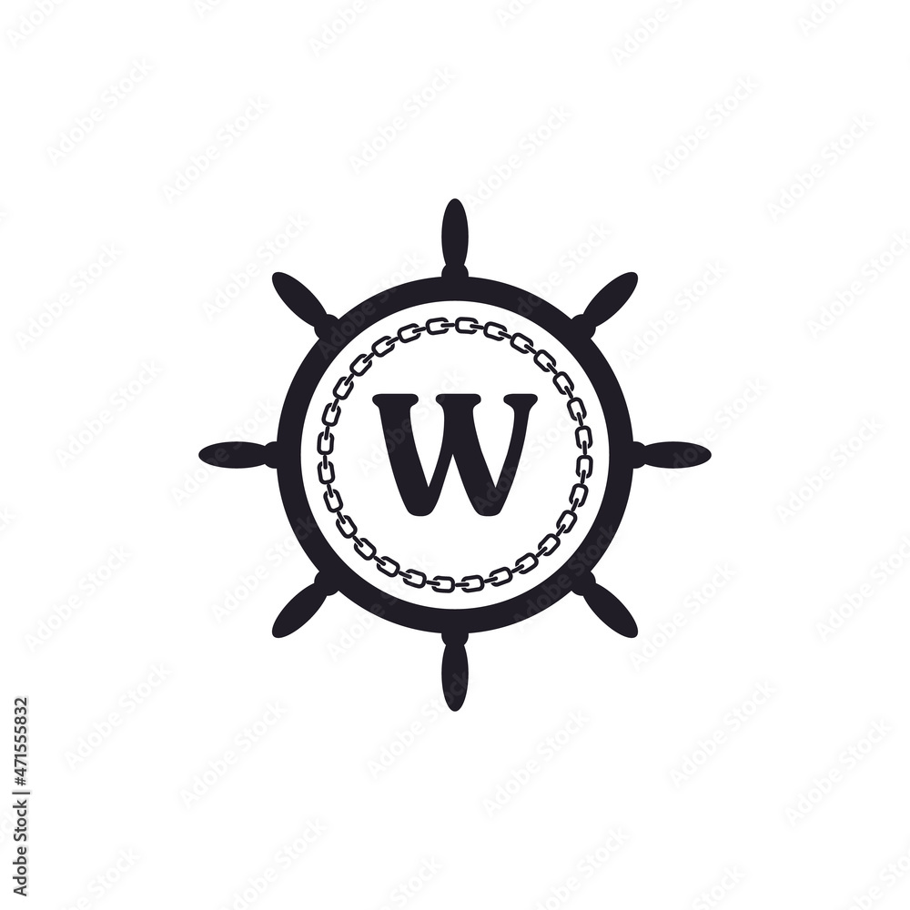 Letter W Inside Ship Steering Wheel and Circular Chain Icon for Nautical Logo Inspiration