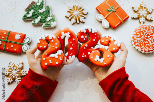 Fotografie, Tablou Banner for Christmas and New Year gingerbread cookies numbers 2023 on white back