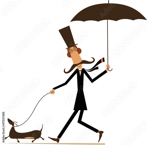 Funny long mustache with umbrella and dog illustration. Cartoon long mustache man in the top with umbrella walking with a dog isolated on white