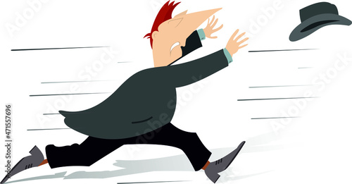 Windy day and man loses his hat illustration.
Man tries to catch a hat gone with the wind isolated on white

