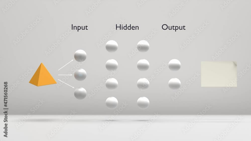 Artificial Intelligence: Simplified animated simulation of the principles of convolutional neural networks with input, hidden, output layers. It classifies geometric forms (cube and pyramid)