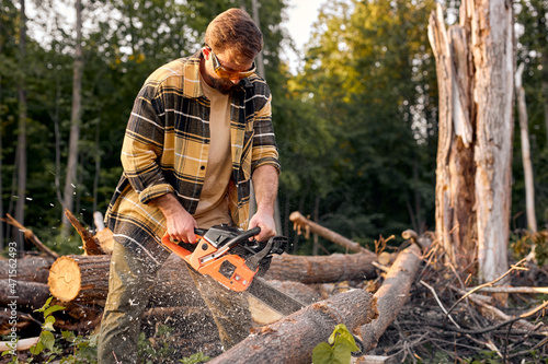 Lumberjack logger worker in protective gear cutting firewood timber tree in forest with chainsaw. Brutal caucasian male in plaid shirt engaged in hard work in forest at summer evening. Nice wood man photo