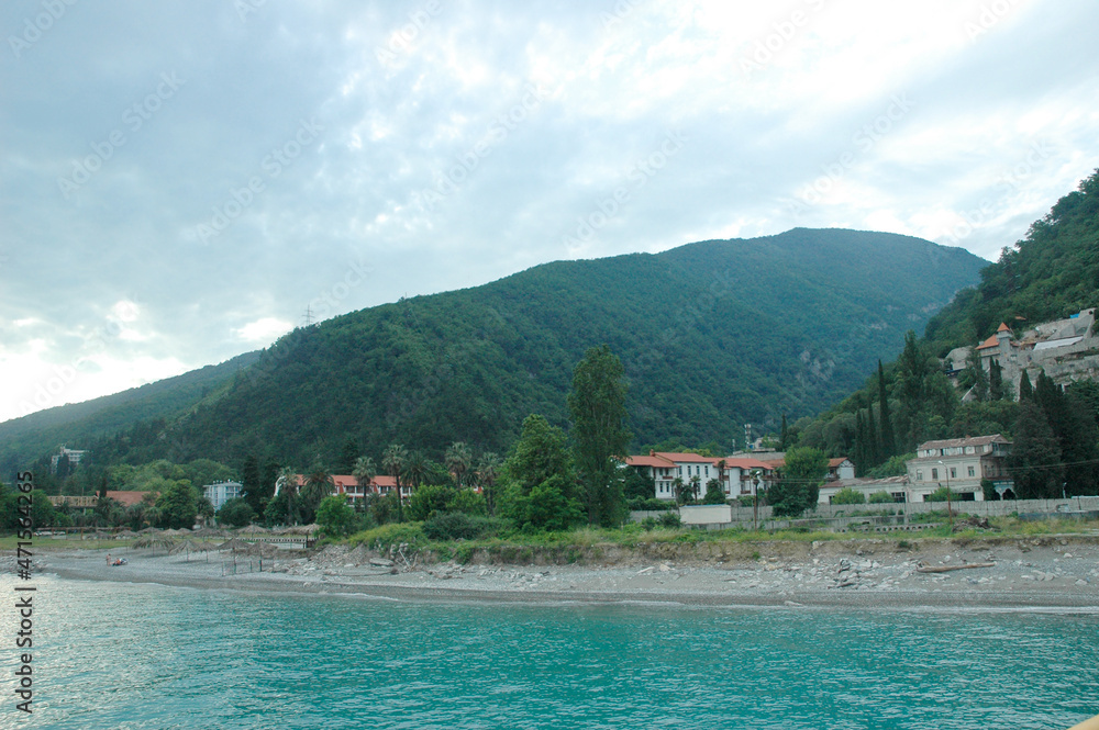 Black Sea Coast of Old Gagra, Gagra coast, green mountains, emerald sea, coastal zone. Abkhazia