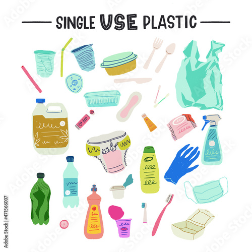 Single Use Plastic hand lettering inscription and set of clipart with used plastic objects. Hand drawn illustration with collection of different types of plastic garbage isolated on white background