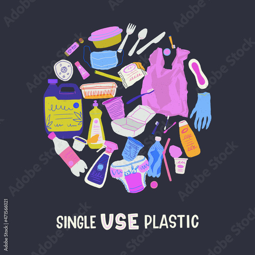 Circle composition made of different types of single use plastic and nondegradable garbage objects. Clipart for showing ecological problems, landfill and earth pollution with trash and waste.