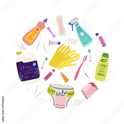 Circle composition made of different types of single use plastic used in house holding. Hand drawn housecleaning and hygiene products - rubber gloves, bottles, diapers, lip balm, toothbrush, detergent