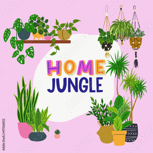 Home Jungle hand lettering inscription and set of trendy home decor with exotic tropical houseplants in stylish planters, hangers and pots. Boho clipart bundle about home plants addiction