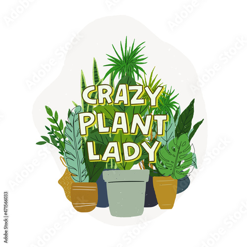 Cute and funny lettering inscription Crazy Plant Lady. Humorous saying about woman who adore care and grow houseplants. Hand drawn illustration for t-shirt print, card design, urban jungle poster