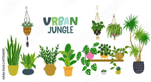 Urban Jungle hand lettering inscription and set of trendy home decor with exotic tropical houseplants in stylish planters, hangers and pots isolated on white background. Vector clipart bundle
