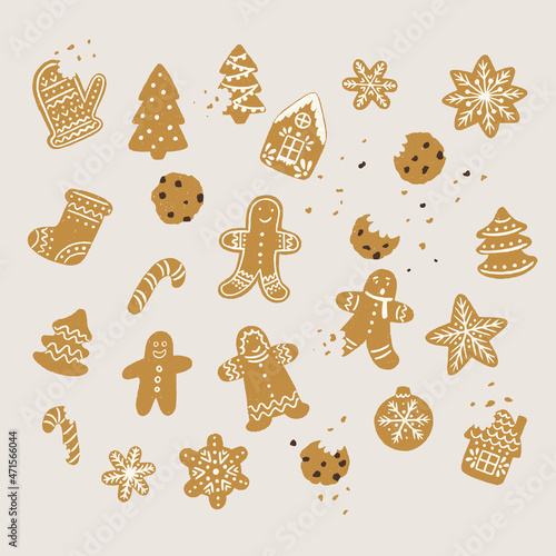 Big set of hand drawn Christmas cookies. Christmas tree, toy, star, snowflake, gingerbread man, house. New Year's mood in the kitchen. Special icons for your Christmas cookie recipe or holiday card.