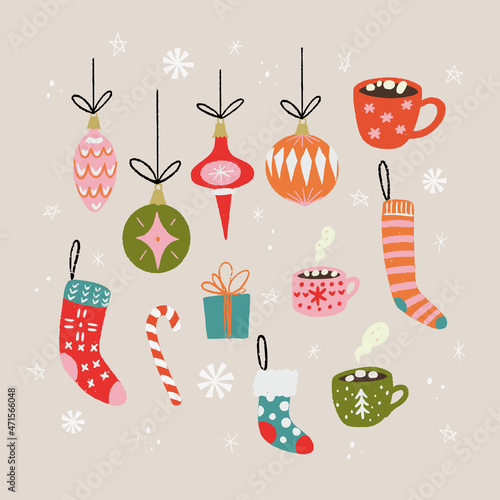 Set of hand drawn Christmas decorative elements. Cozy winter clipart: candy cane, mug, cups with hot chocolate and marshmallows, Christmas baubles, balls, colorful socks, present. Holiday sticker pack