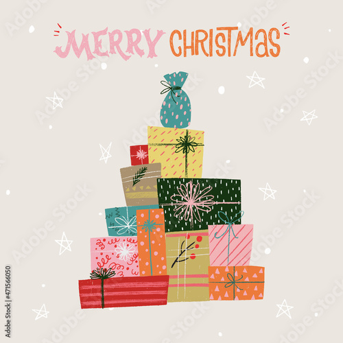 Lettering festive phrase Merry Christmas and big pile of hand drawn gift boxes and presents in a shape of Christmas tree. Illustration and inscription for greeting card, winter holiday post, print