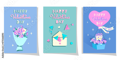 Happy Valentine's day card. Set of Vector illustration in cartoon flat style. Design for invitation, Postcard, Greeting card, flyer. Celebration concept. 