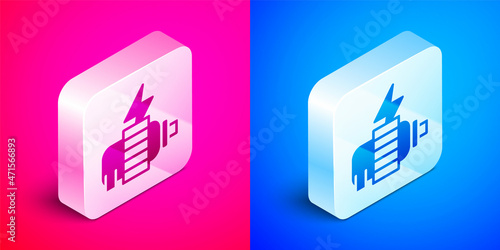 Isometric Electric motor icon isolated on pink and blue background. Silver square button. Vector