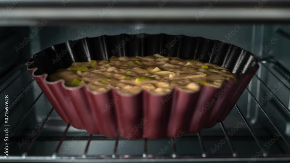 Apple Pie is baking in the oven, rising dough with fruit, close-up timelapse Apple Pie is baking in the oven, rising dough with fruit, close-up timelapse