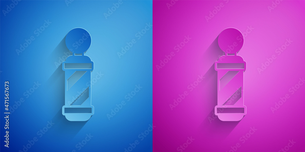 Paper cut Classic Barber shop pole icon isolated on blue and purple background. Barbershop pole symbol. Paper art style. Vector Paper cut Classic Barber shop pole icon isolated on blue and purple background. Barbershop pole symbol. Paper art style. Vector